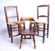 Pair of children's oak framed side chairs, and a smoker's bow armchair (3).
