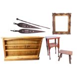 Modern pine open bookcase, length 134cm, 19th century gilt picture frame, carved oak side table, oak