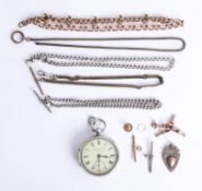 A silver open face pocket watch, Kay & Co, 9ct gold chain, silver watch chains, 9ct T Bar, etc.