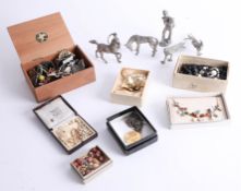 Various costume jewellery and white metal horse and bird figures.