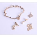 Various gold objects including 14k charm, (2.5g), 9ct gate bracelet (3.5g), two pendants and a pearl