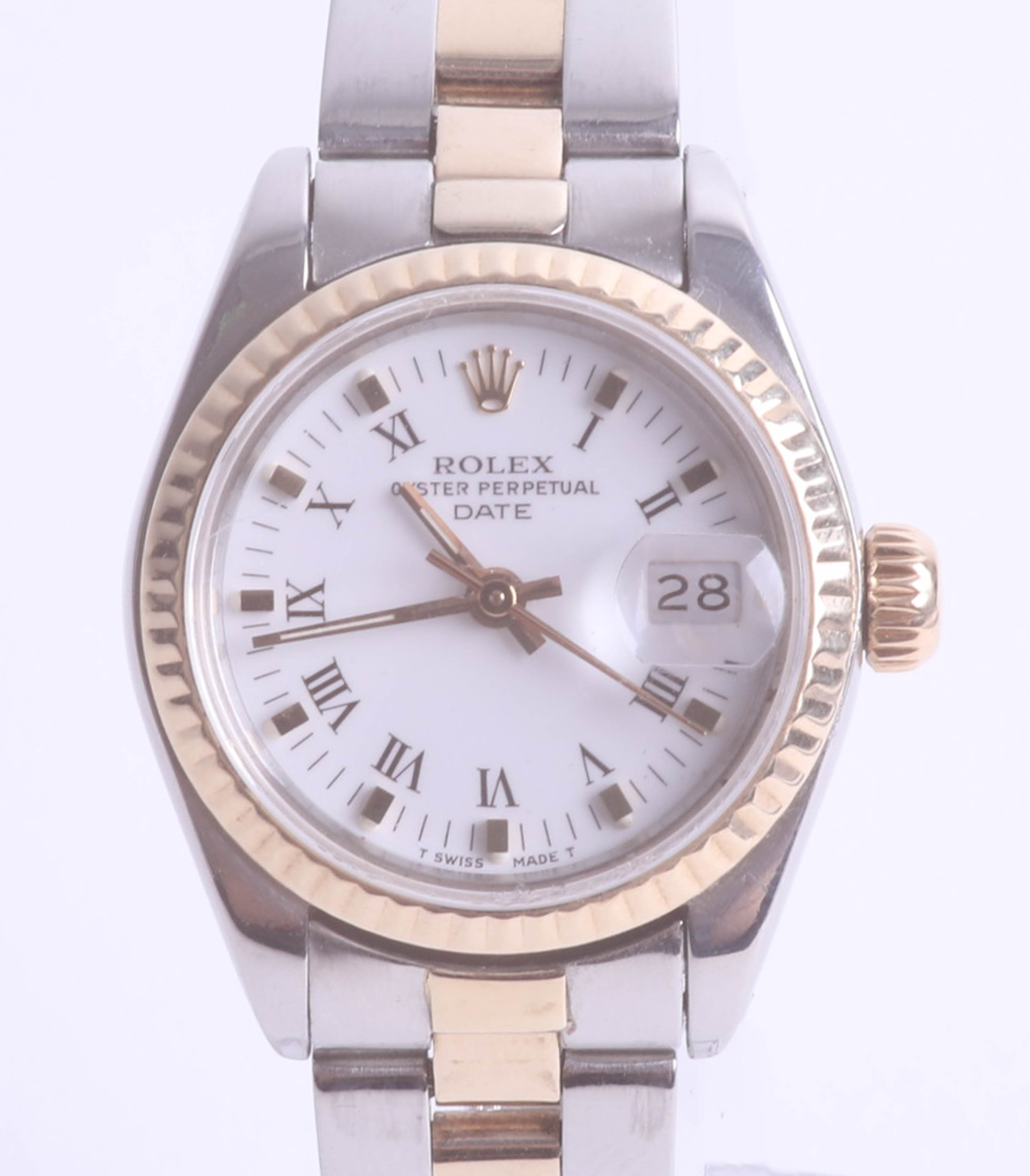 Rolex, a ladies Oyster Perpetual Date stainless steel and gold wristwatch with original box and