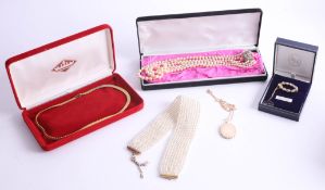 A collection of various dress jewellery including a faux pearl bracelet, necklace, gilt bracelet,