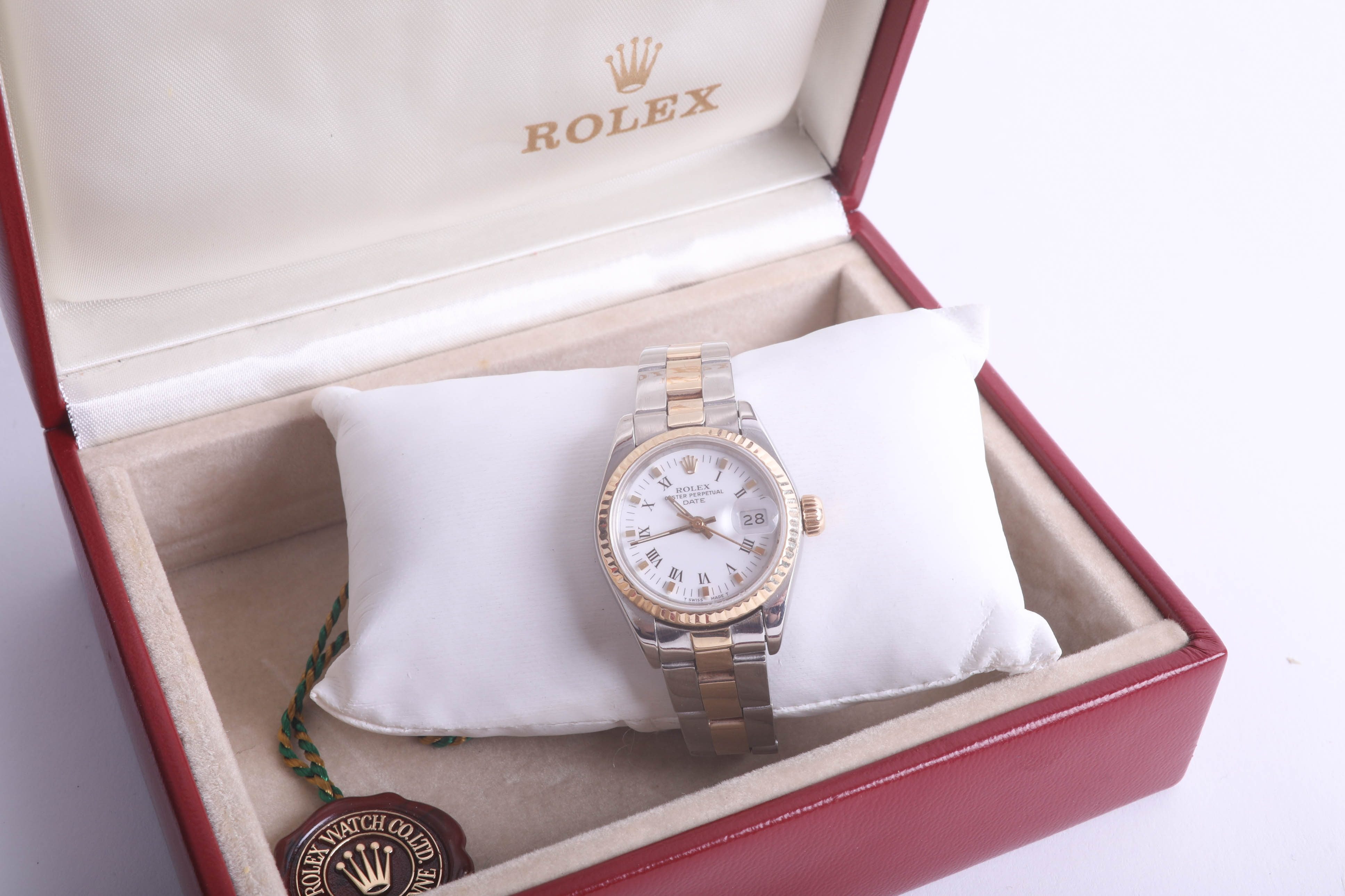 Rolex, a ladies Oyster Perpetual Date stainless steel and gold wristwatch with original box and - Image 2 of 3