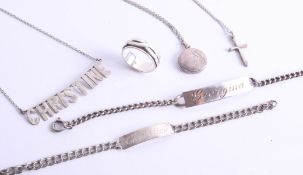 Assortment of silverware including named identity bracelets, necklaces and ring 40.6g.