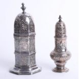 A silver 'Trenchard' castor height 16cm together with a Georgian silver castor height 14cm (with