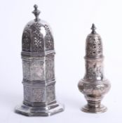 A silver 'Trenchard' castor height 16cm together with a Georgian silver castor height 14cm (with