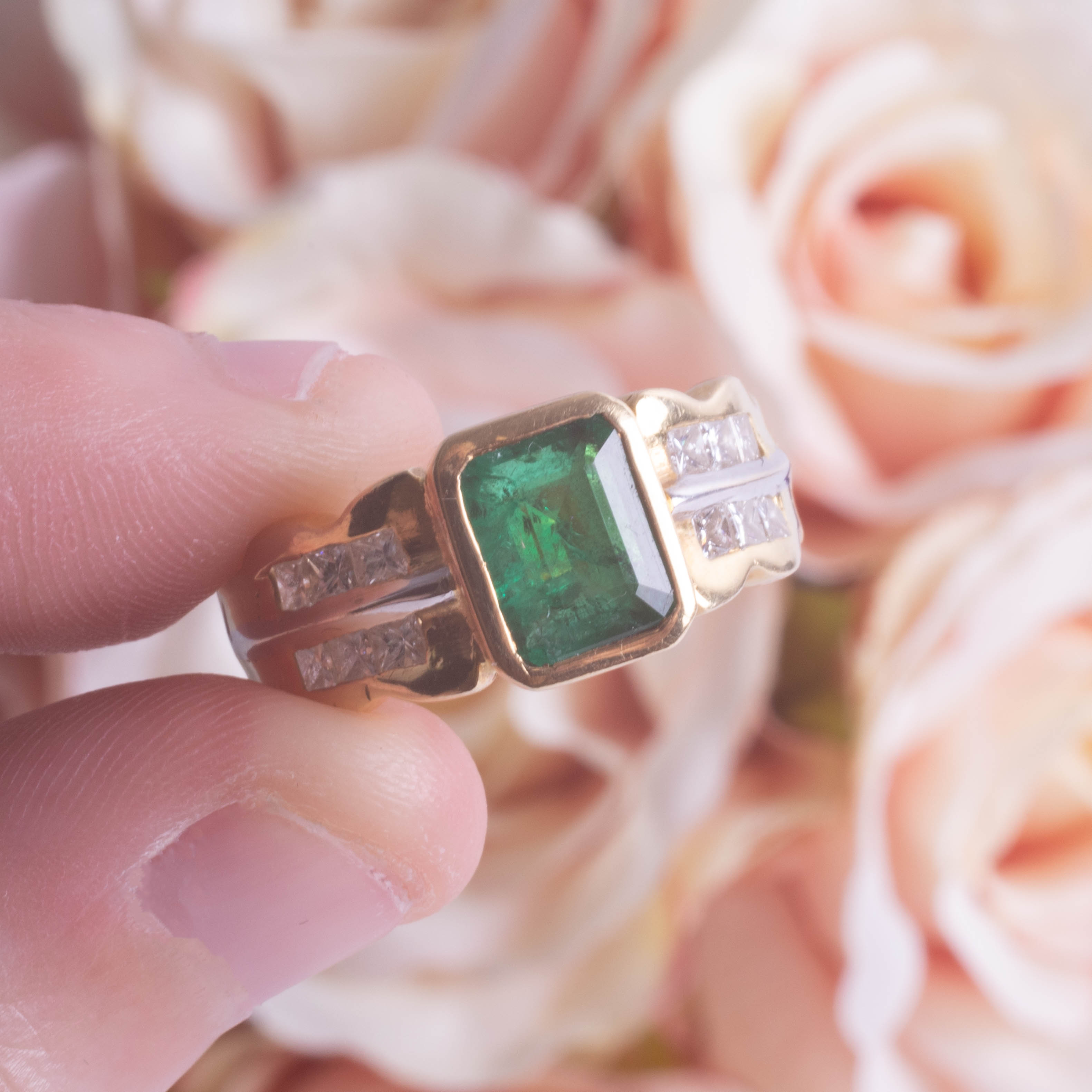 An 18ct yellow gold emerald and diamond ring, size O. - Image 3 of 3