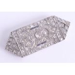 Art Deco diamond and sapphire brooch set in white gold set with eighty seven round diamonds