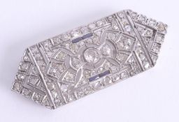 Art Deco diamond and sapphire brooch set in white gold set with eighty seven round diamonds