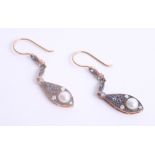 A pair of diamond, sapphire and pearl set drop earrings.