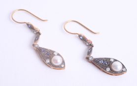 A pair of diamond, sapphire and pearl set drop earrings.