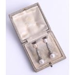 A pair of blister pearl and diamond drop earrings, boxed, length approx. 35mm.