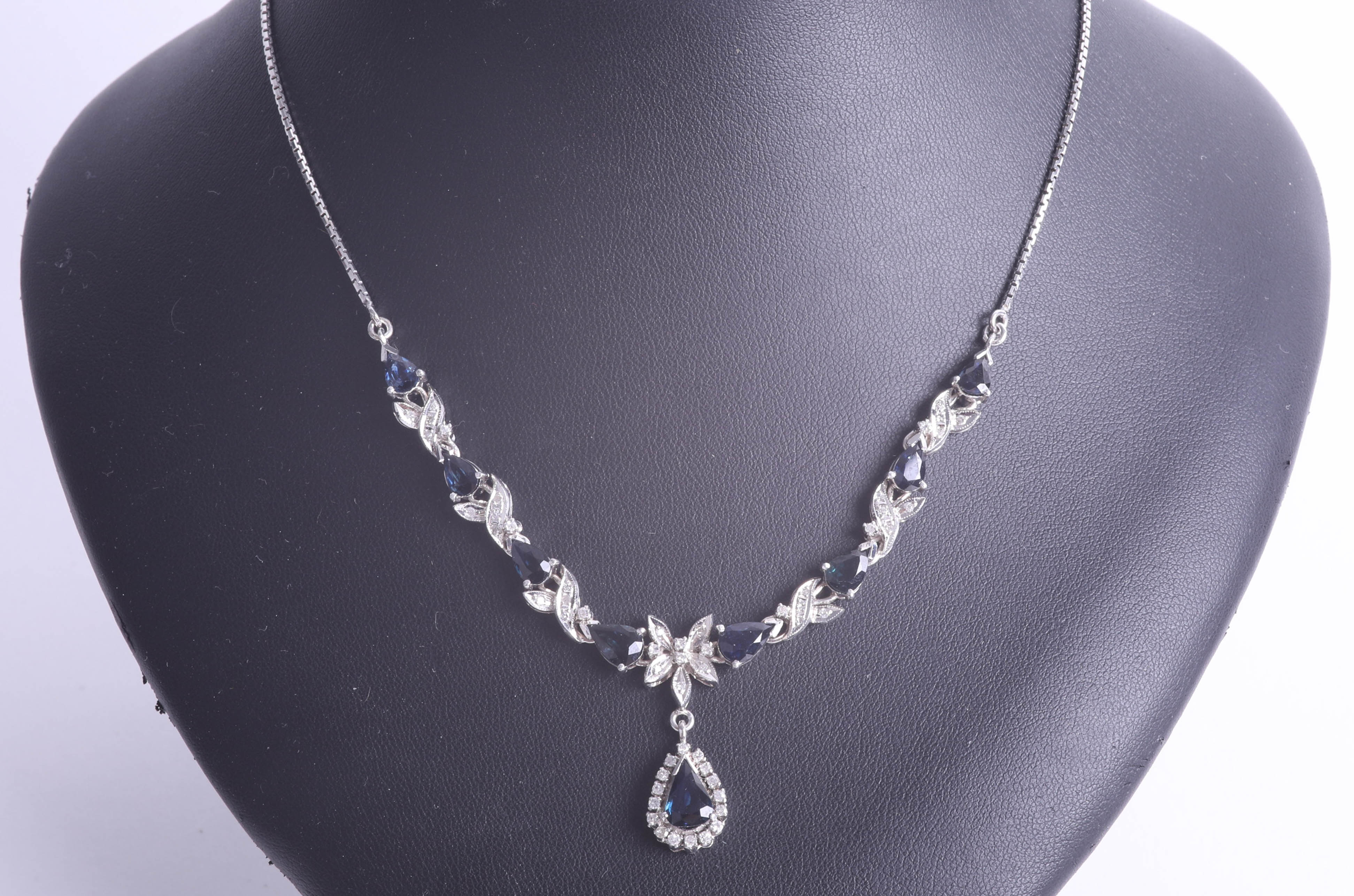 An 18ct white gold necklace set with diamonds and sapphires with drop pendant, length of main - Image 2 of 2