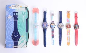 A collection of five rare Swatch watches including 'The Bleep' model with box and instructions (5).