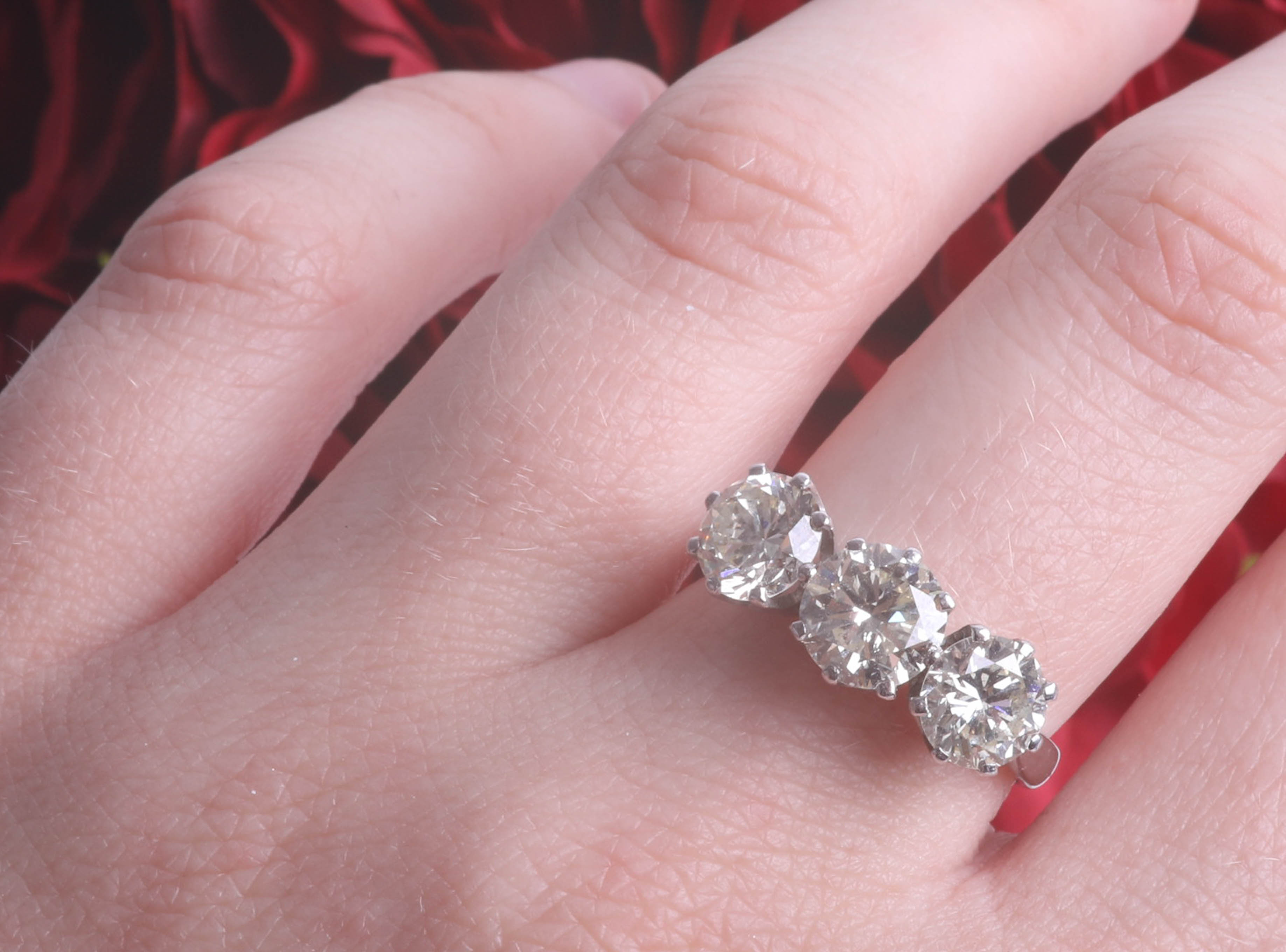 A fine diamond three stone ring, set in 18ct white gold, combined diamond weight approximately 3. - Image 3 of 7