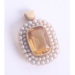A 15ct gold citrine on pearl brooch, approx. 30 x 20mm.