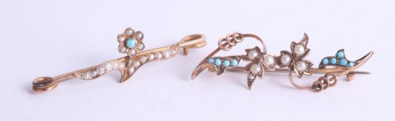 Two Antique yellow gold turquoise and seed pearl bar brooches, both with decorative