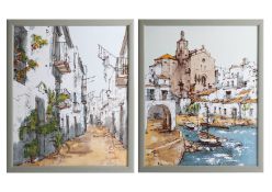 Bernard Dufour, a pair of continental harbour and street scenes, signed, framed, 45cm x 36cm.