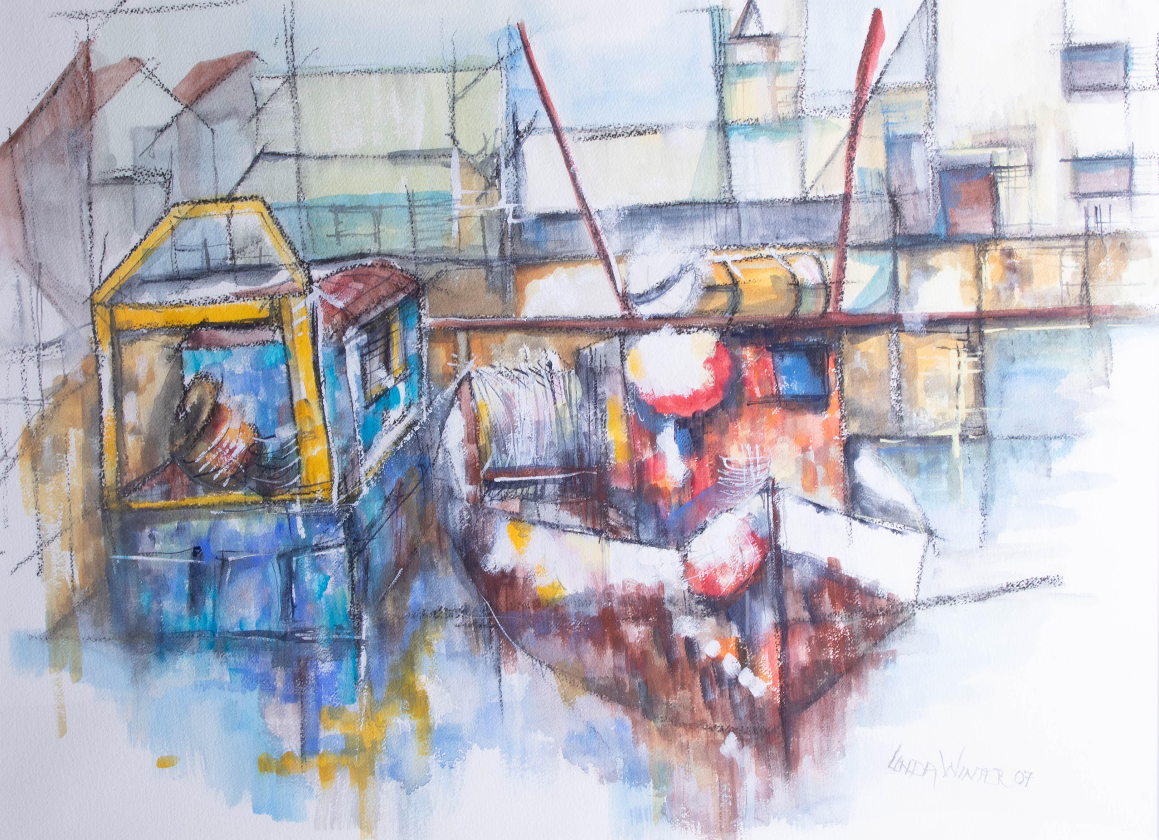 Linda Winter, watercolour 'Boats tied up on Plymouth Barbican 2007', framed and glazed, 70cm x - Image 2 of 2