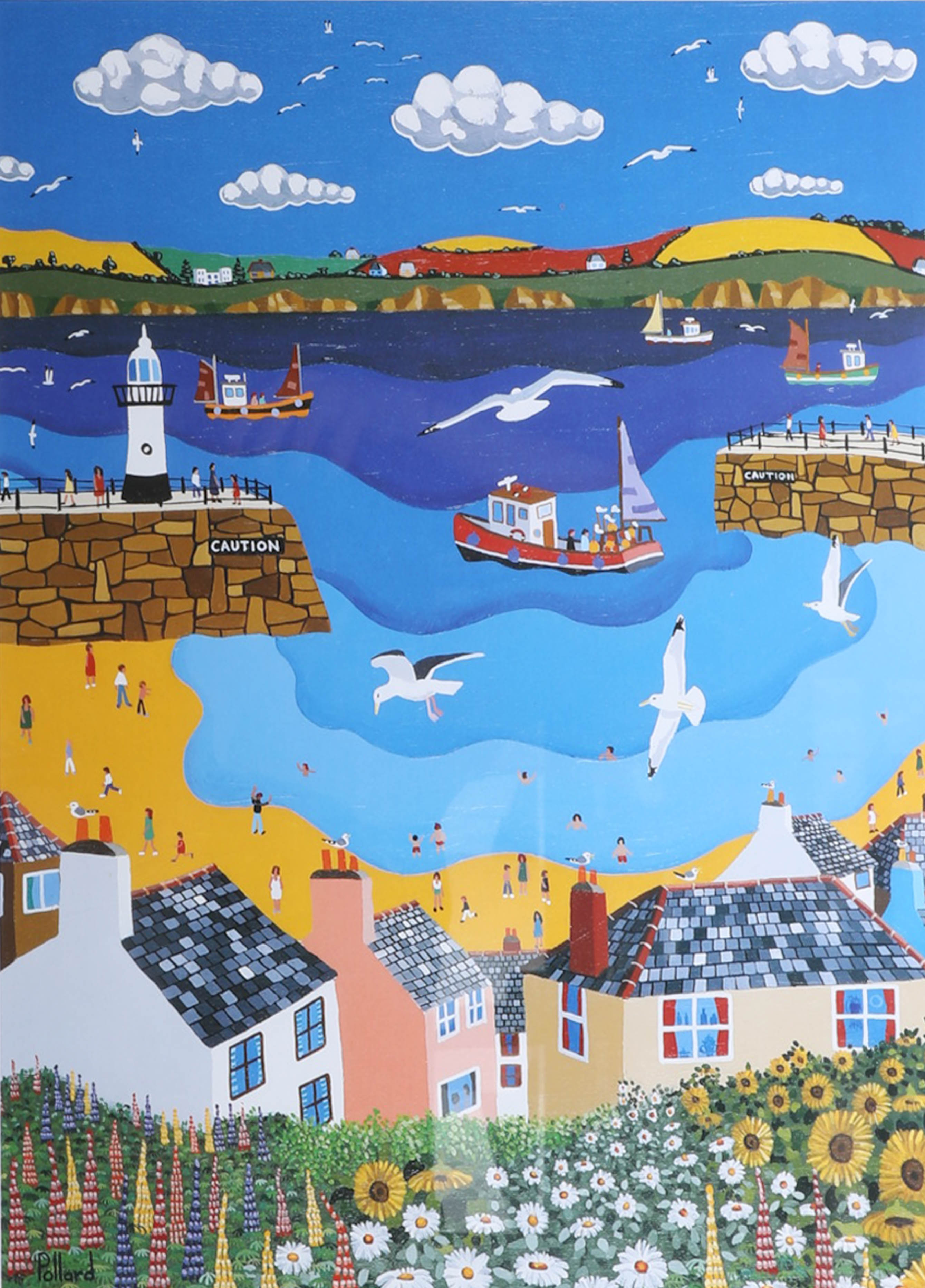 Brian Pollard open print, 'Mousehole', with remarque, signed, framed and glazed, 42cm x 30cm.