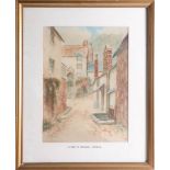 Lewis Mortimer, signed watercolour, 'A Street at Polperro', 1923, 36cm x 26cm, framed and glazed.