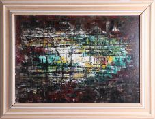 In thestyle of Denis Bowen (1921-2006) abstract oil on board, signed, 42cm x 60cm, framed.