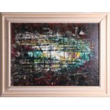 In thestyle of Denis Bowen (1921-2006) abstract oil on board, signed, 42cm x 60cm, framed.