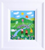 Arth Lawr, original acrylic on board, 'Kites at Cadover Bridge', signed and titled, framed, 15cm x