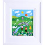 Arth Lawr, original acrylic on board, 'Kites at Cadover Bridge', signed and titled, framed, 15cm x