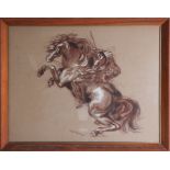 Umberto Romano, pastel and charcoal horse with rider signed, framed and glazed, 55cm x 63cm.