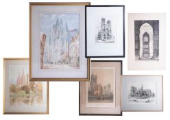 Attributed to Henry T. Schaeffer watercolour French cathedral 50cm x 34cm together with three signed