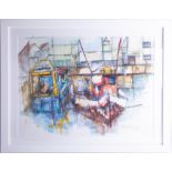 Linda Winter, watercolour 'Boats tied up on Plymouth Barbican 2007', framed and glazed, 70cm x