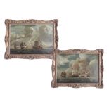 A pair of naval battle paintings, oil on canvas, not signed, 20th Century, ornate gold frame, 23cm x