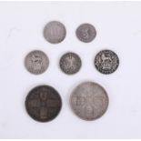 Seven silver coins, including 1918 sixpence, Hong Kong 1889 ten cents, George II 1686 3d, Victoria
