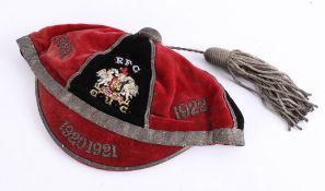 Of sporting interest, a players cap, marked 'R.F.C, Season 1920-21', made by R Forsyth, Glasgow.