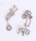 A large silver elephant pendant on a 20 inch silver Italian rope chain, together with a silver