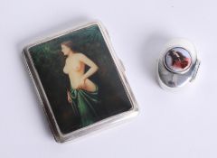A cigarette case with printed nude portrait on the cover in sterling silver, approximately 65mm