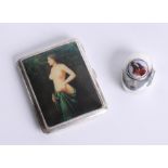 A cigarette case with printed nude portrait on the cover in sterling silver, approximately 65mm