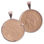 A 1904 US Liberty 20 Dollar gold coin in gold pendant mount.