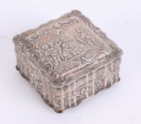 A silver continental square box with embossed decoration of figures, cattle and scroll work, 5cm x