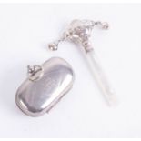 A silver baby rattle with Mother of Pearl handle together with a Sovereign holder (2).