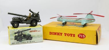 Dinky Toys, two models, Bristol helicopter, 715 boxed, Jeep cannon, 829 boxed (2).