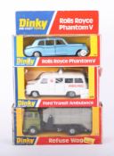 Dinky Toys, three models, Roll Royce Phantom V, 124 boxed, Transit ambulance, 276 boxed, Refuse