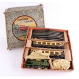 Hornby clockwork trainset, LNER Loco, tender, two Pullman coaches, boxed.