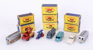 Matchbox Series, Moko Lesney, seven models, 74 (x2) boxed, Wreck Truck, 13 boxed, 75 boxed , 34