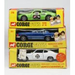 Corgi Toys, three models, Whizzwheels Ford Capri, 316 boxed, Ford GT, 393 boxed, Mercedes Benz,