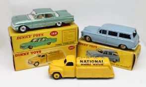 Dinky Toys, three models, Peugeot, 24F boxed, Tanker National 443 boxed, Ford Fairlane 148 boxed (