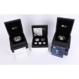 Three cased sets, including the Royal Mint 1917 War set, ten Pound silver coin, 156.29g, also