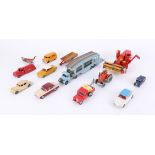 A collection of eleven models, including Dinky Toys Car transporter, Petrol Tanker, Humber, also